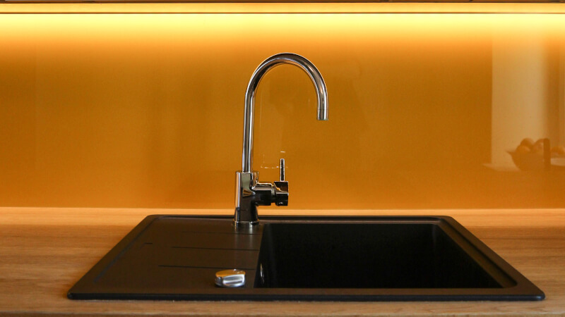 kitchen worktop with lighting from top cabinet