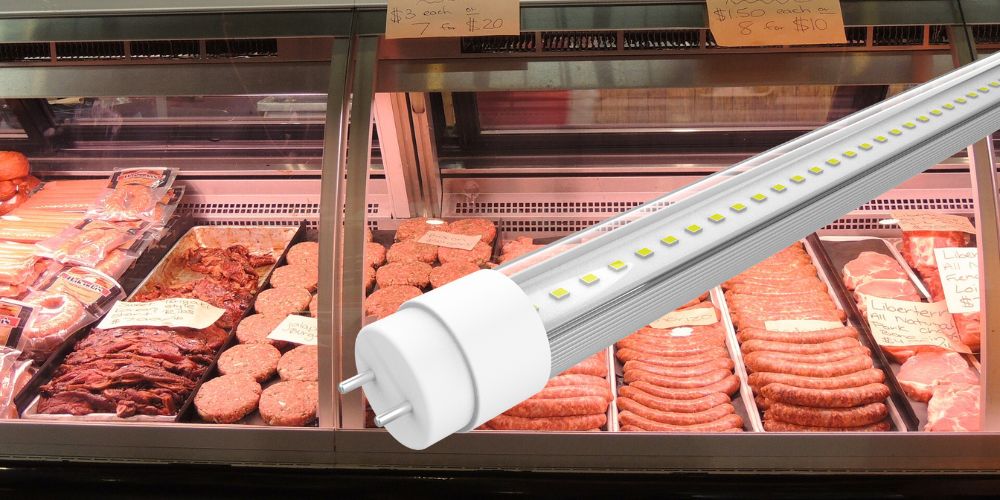 Comptoir de charcuterie avec éclairage LED mis en avant pour vitrines réfrigérées.