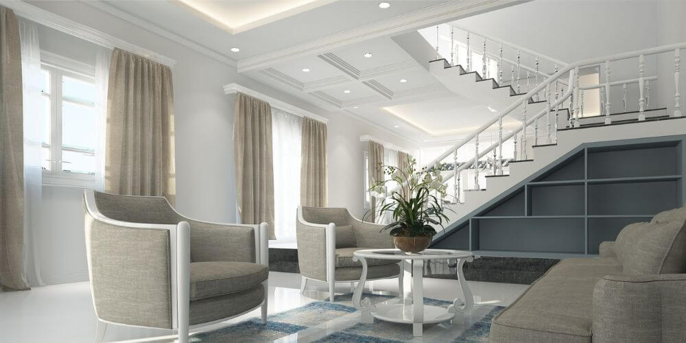 Sala de estar com downlights redondos instalados no tecto